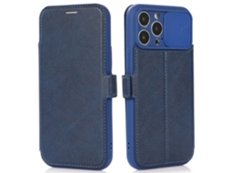 Capa Slide Câmara Para Iphone 14 Pro Max Pele Sintética Anti-choque Magnética Com Porta-cartões Azul