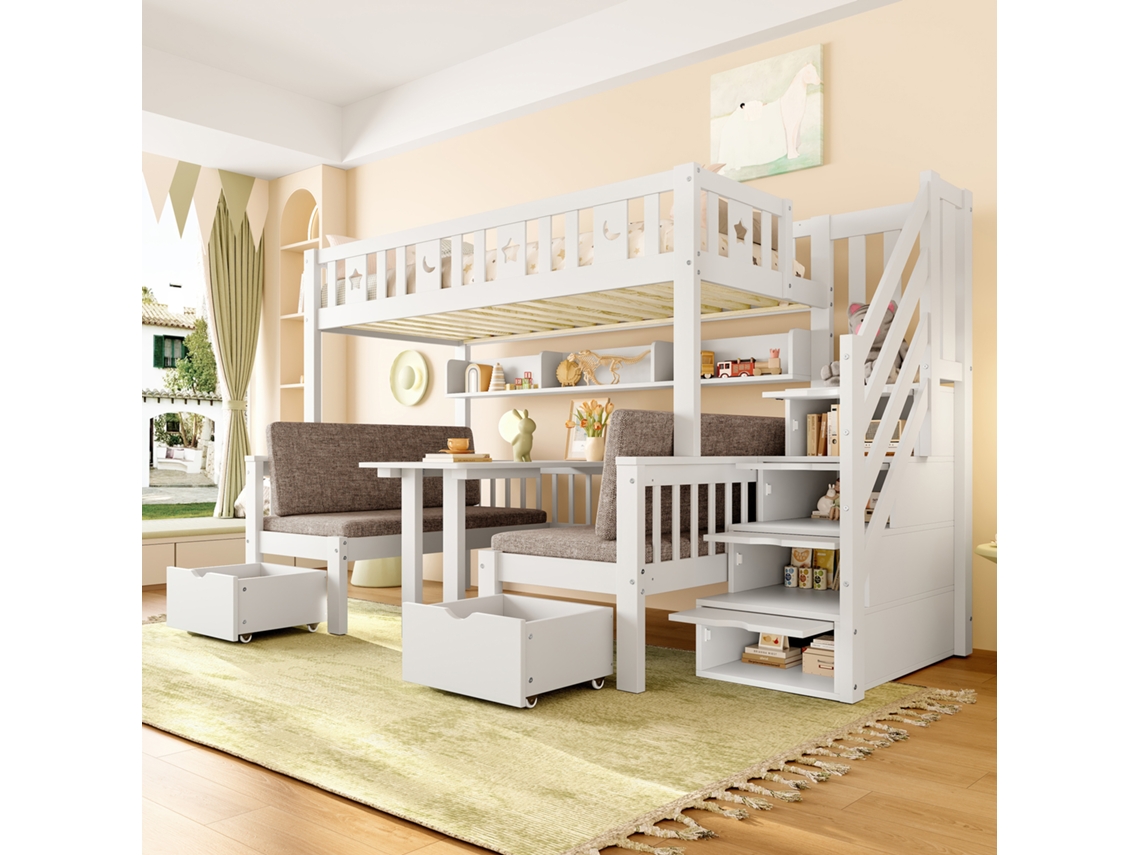 Cama Alta Multifuncional Em Pinho Branco 90x200 Cm