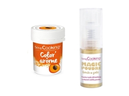 Corante alimentício laranja com sabor de damasco + pó alimentício iridescente dourado ScrapCooking