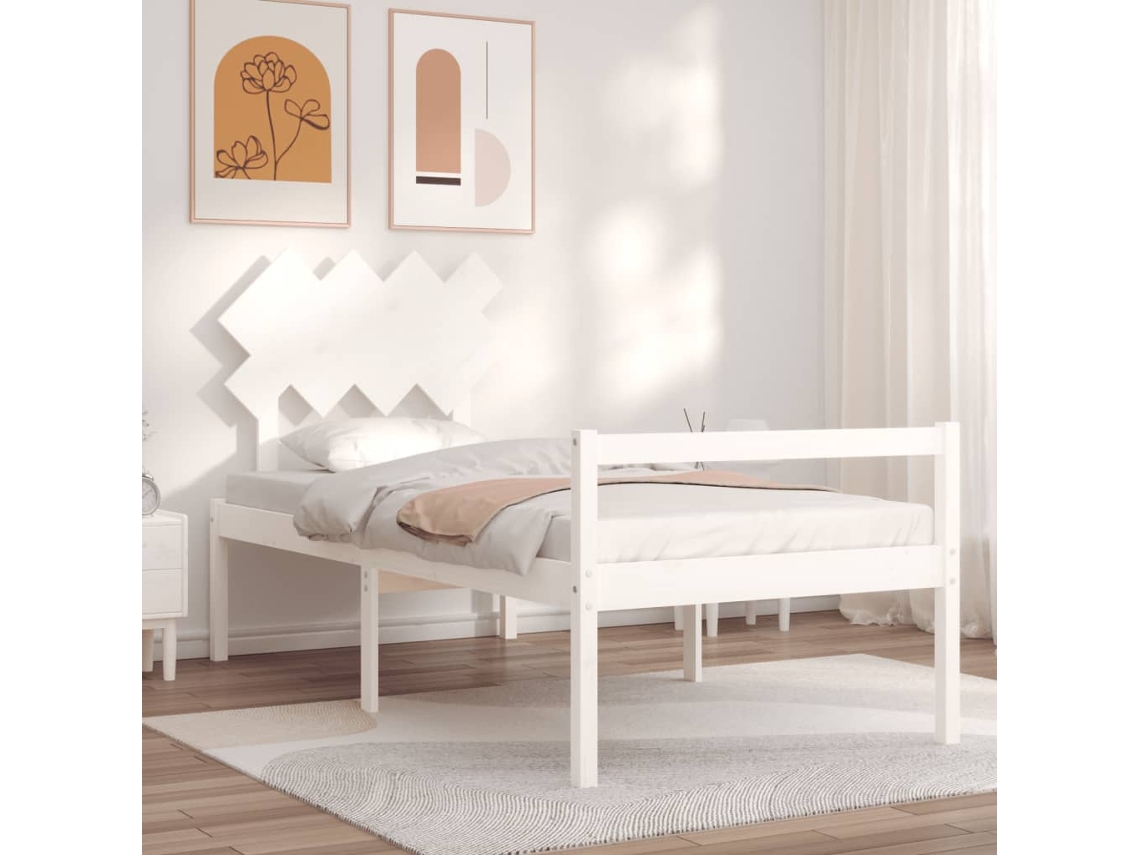 Vidaxl Cama De Solteiro Para Idosos C/ Cabeceira Madeira Maciça Branco