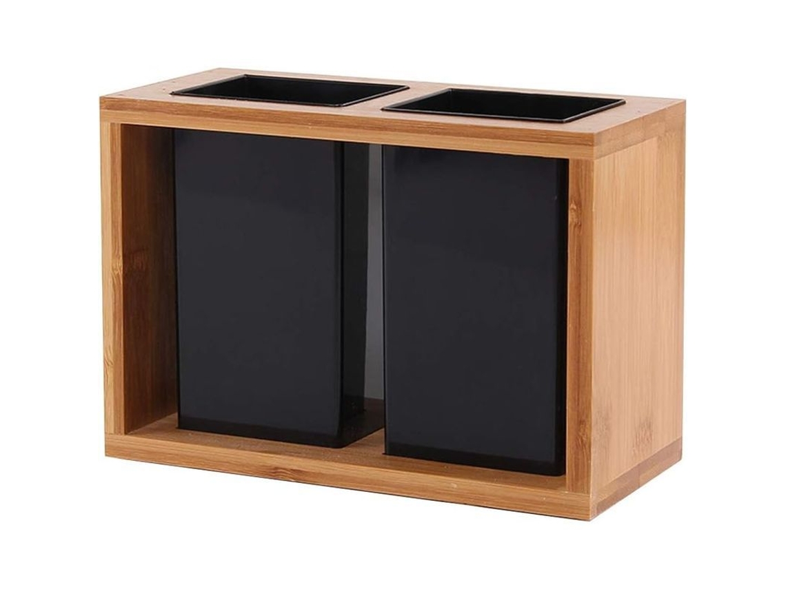 Cesta De Talheres De Bambu - Aço Inoxidável - Para Cozinha - Organizador Ambiental - 2 Compartimentos - 20x14x10cm