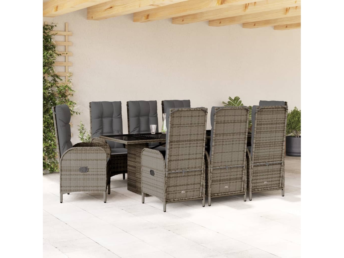 Vidaxl 9 Pcs Conjunto De Jantar P/ Jardim C/ Almofadões Vime Pe Cinza