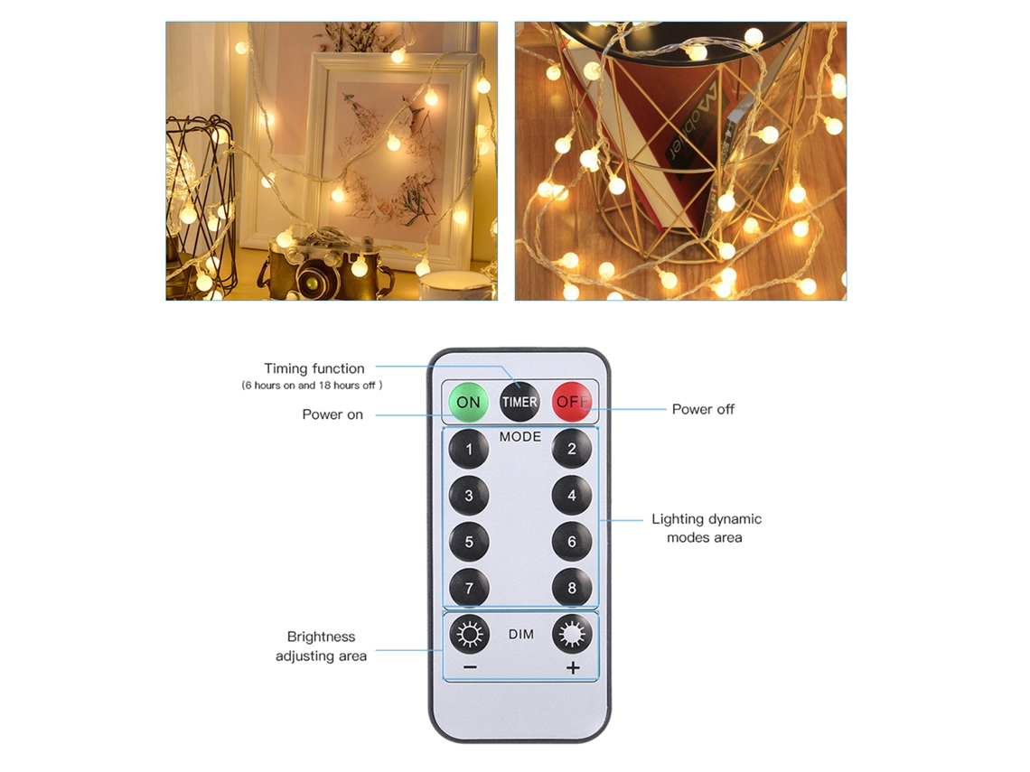 Rebe-luces De Cadenas De Bolas 6m/40pcs Usb Con Temporizador 6h/18h, 3 Niveles De Brillo Y 8 Modos Dinámicos Para Fiestas En El Hogar