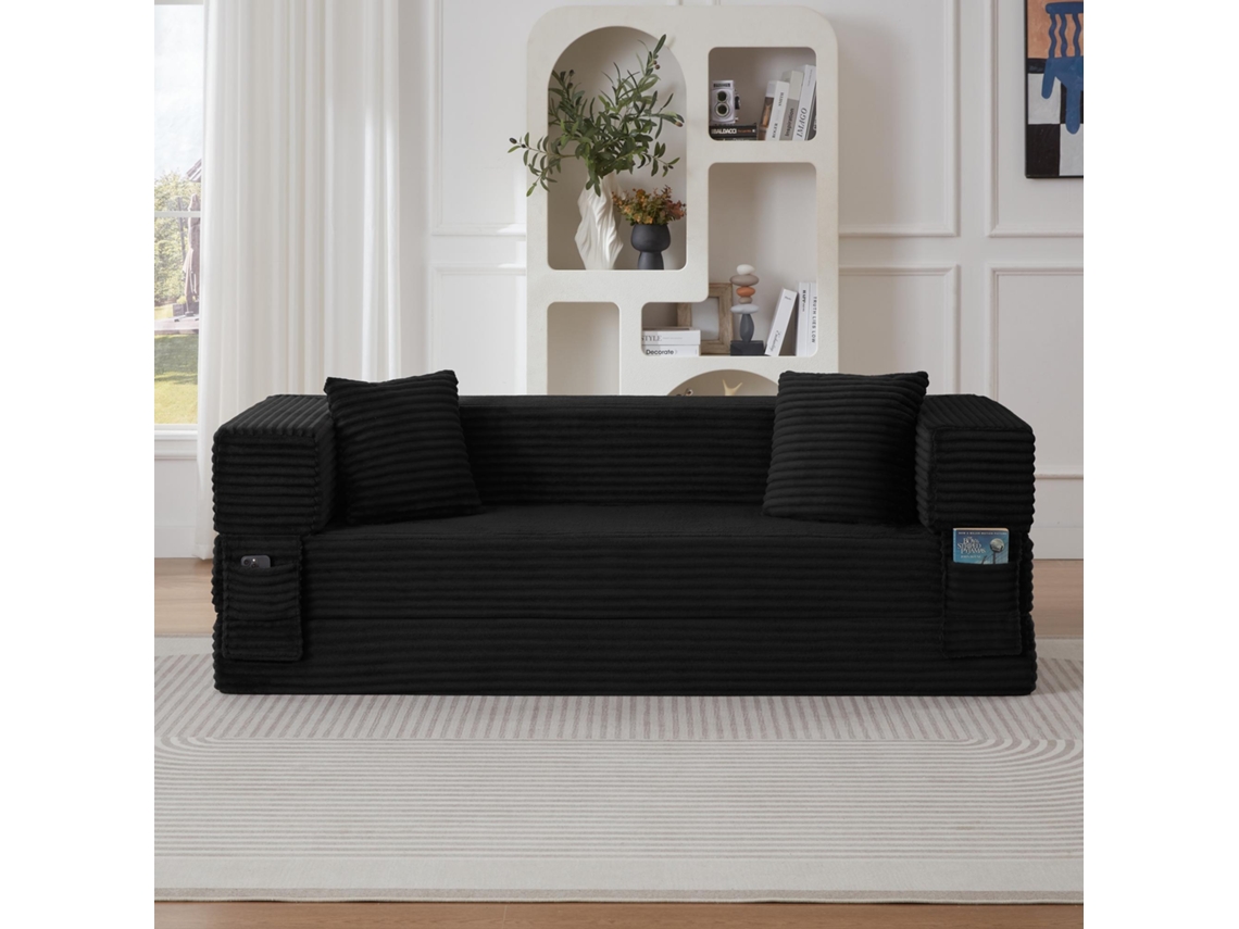 Sofá-cama Reto Em Veludo Canelado, Design Quadrado Duplo, Para Apartamento, 200x76x60 Cm, Preto