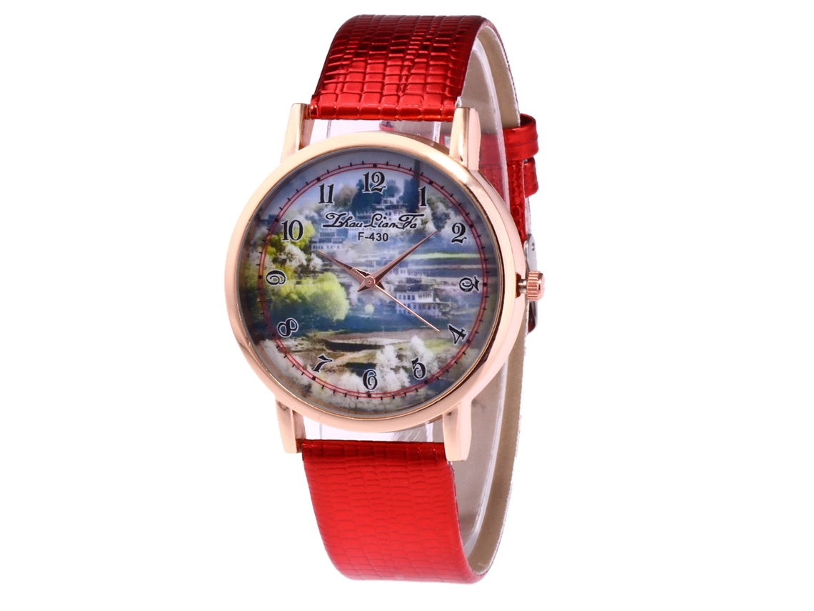 Relógio Zhoulianfa Fashion com pulseira de couro vermelha com estampa de crocodilo F-430x