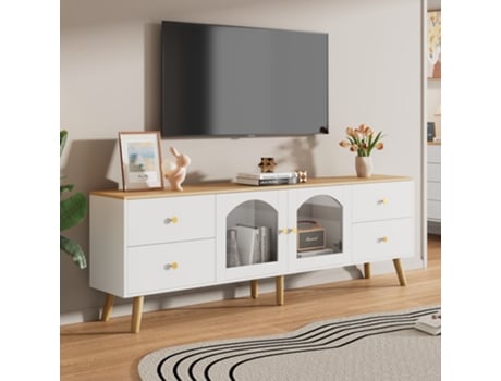 Móvel Tv Com Portas Laterais De Vidro Curvo, Acabamento Branco Com Decoração Em Madeira Panshiyuan