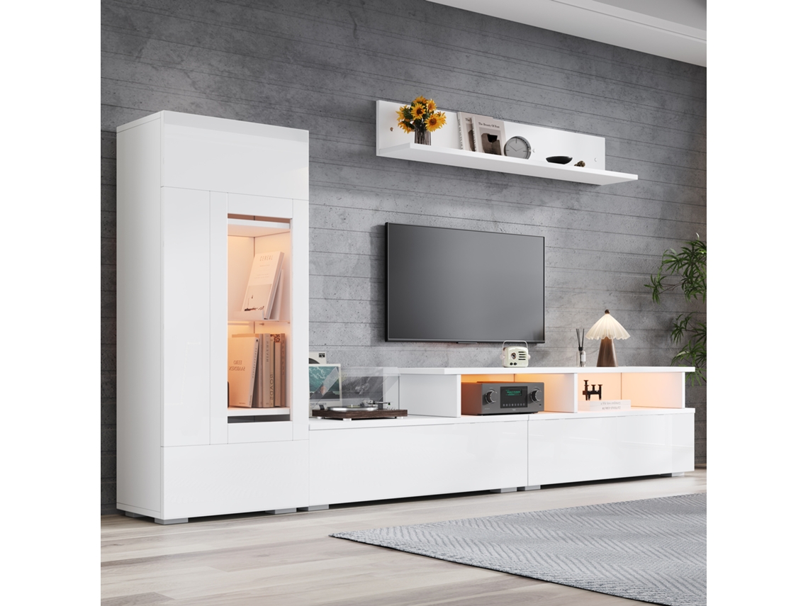 Conjunto De Parede 3 Peças Com Led: Rack Para Tv, Cristaleira E Prateleira, Branco Brilhante, Até 75 Polegadas