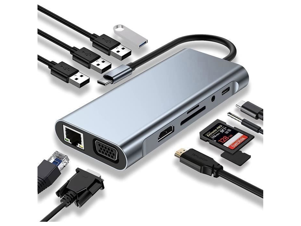 Estação de acoplamento USB-C, hub 11 em 1, HDMI 4K, VGA, USB 3.0, USB-C, porta PD, Ethernet RJ45, AQUAFORGE