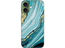 Capa Para Celular Compatível Com Apple Iphone 17. Estampa Abstrata Marmorizada Em Tons De Turquesa, Branco E Dourado Com Efeito De Glitter Líquido.