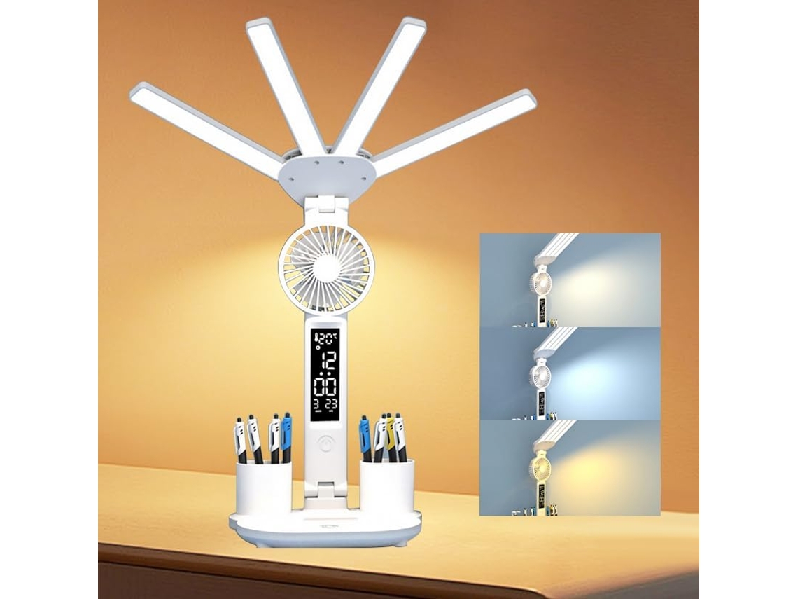 Luminária De Mesa Led, 2000ma, Com Ventilador, 5 Modos De Cor, Luz Ambiente Noturna Com Porta Canetas, Visor De Hora E