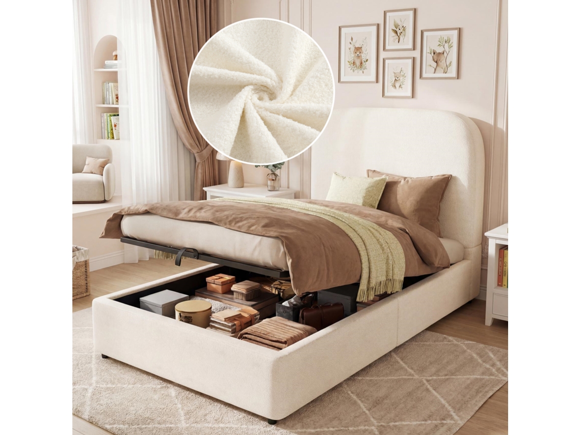 Cama Solteiro 90x200 Ripas Bouclé Bege com Elevação Hidráulica