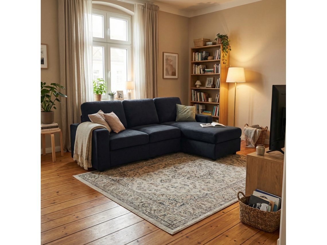Sofá De Canto De 3 Lugares - Com Arrumação, Chaise Longue, Molas Ensacadas, Capas Removíveis, Design Moderno - Preto