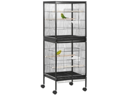 Gaiola Pássaros 2 Níveis Rodas Bandejas Removíveis Portas Comedouros 51,5x50x140 Preto