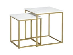 Conjunto de 2 Mesas de Centro Quadradas em Estilo Art Déco Aço Dourado com Painéis em Efeito Mármore Branco. ESSÊNCIACASA