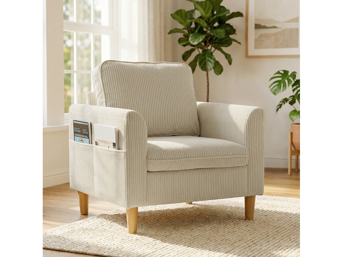Poltrona de Sala em Veludo Corduroy, Sofá 1 Lugar Acolchoado com Assento Largo e Almofada com Molas, 83x74x87cm, Bege