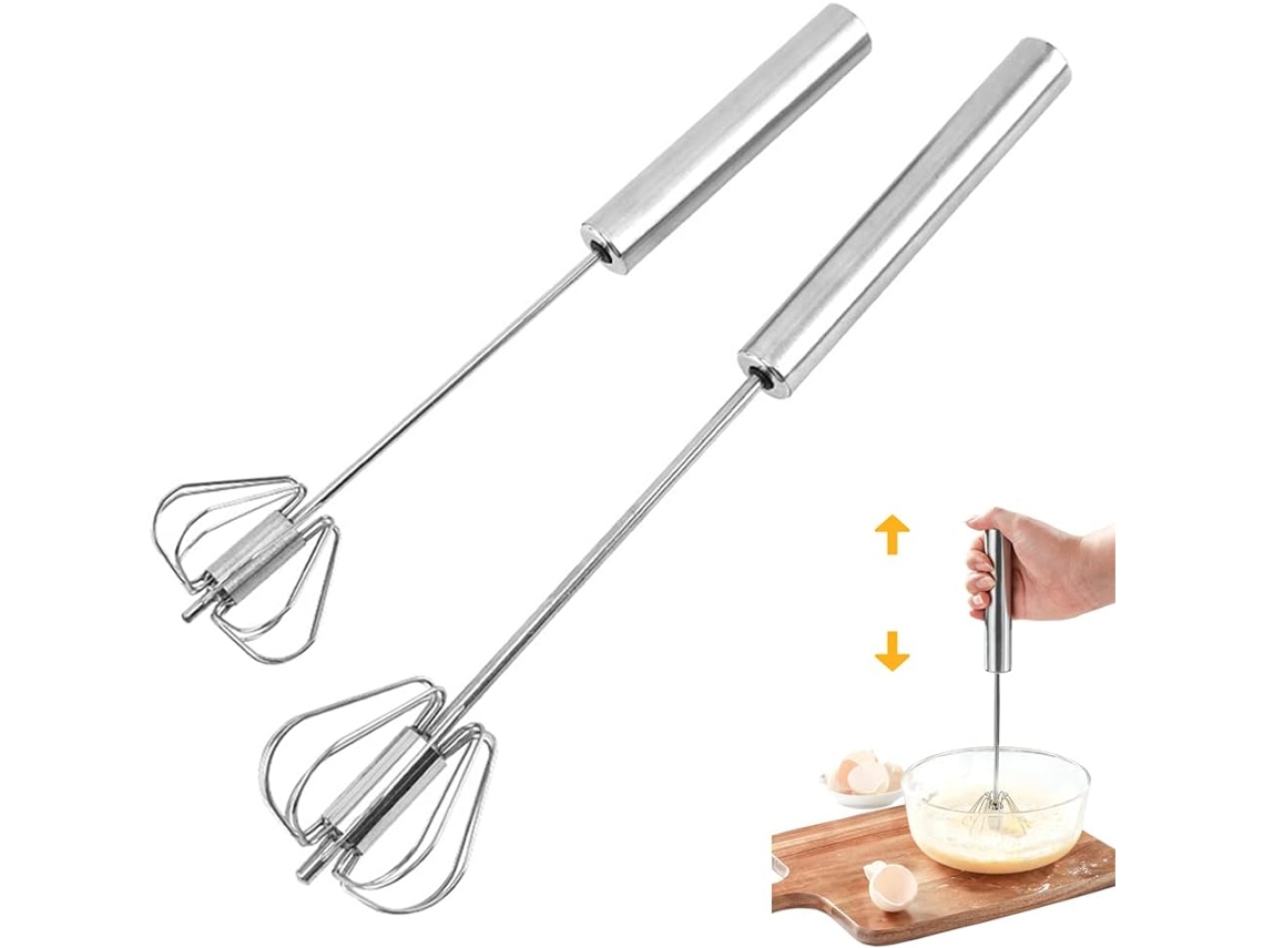 2 Batedores Aço Inox Semiautomáticos 30+25cm, para Ovos/leite, Rotativos ZYBLSSBB