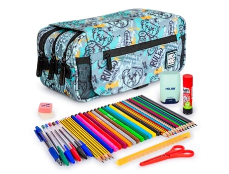 Estojo triplo com 3 zíperes e material escolar incluso. Urso Colepack