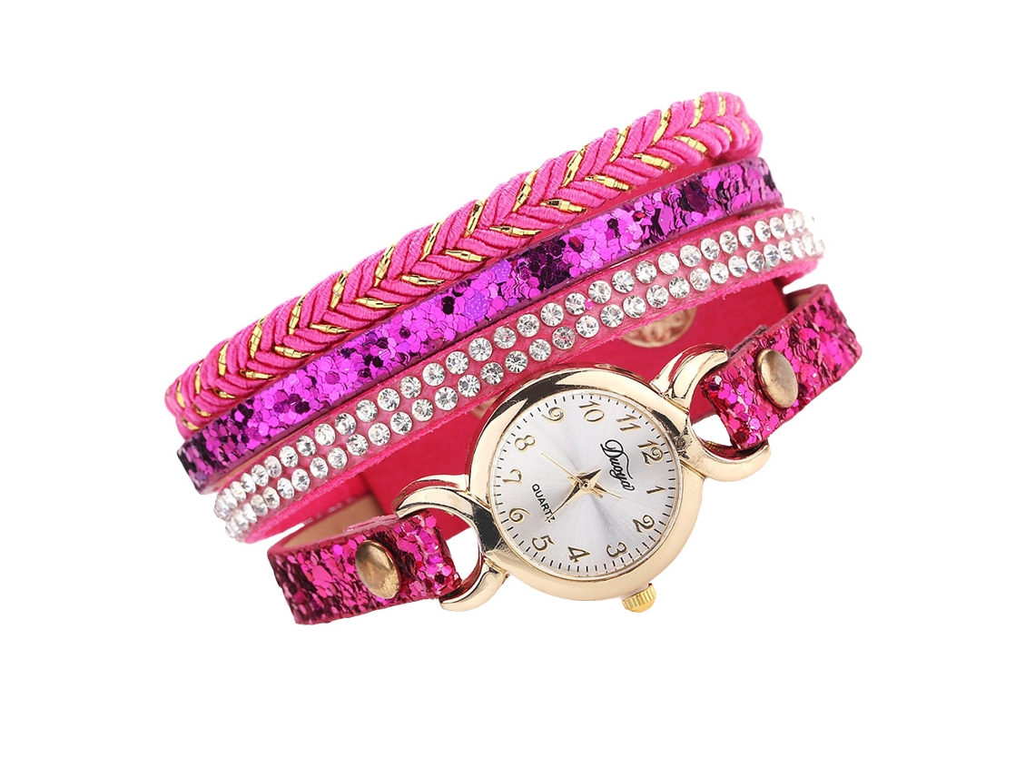 Relógio de Pulso Feminino Fashion com Pulseira de Couro Pu e Strass em Quartzo (vermelho Rosa)