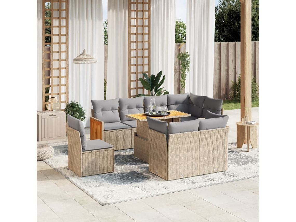 Conjunto de 9 Sofás para Jardim com Almofadas Vime Pe Bege Dkd Home Decor