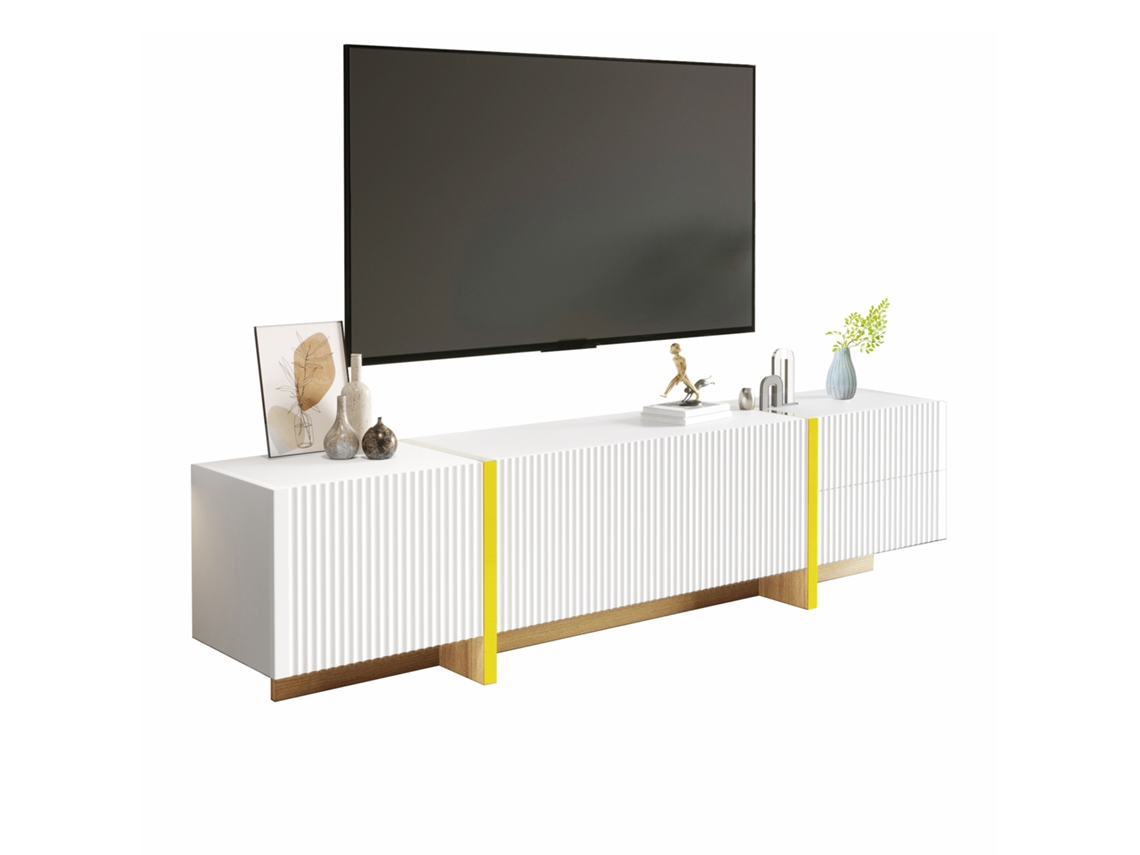 Armário De Tv 190 Cm Com 3 Portas E 2 Gavetas Em Branco Com Detalhes Em Dourado E Madeira