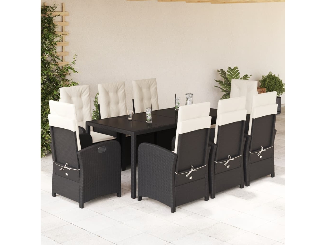 9 Pcs Conjunto De Jantar P/ Jardim C/ Almofadões Vime Pe Preto Dkd Home Decor