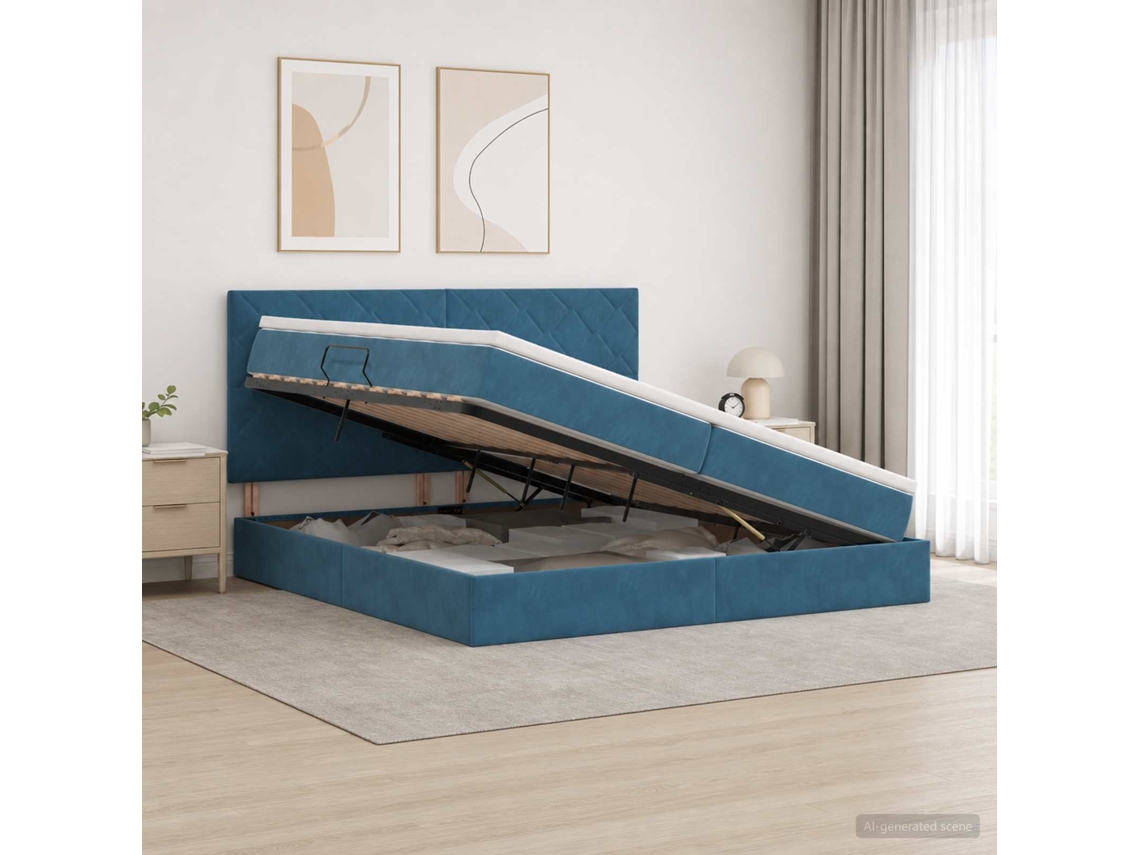 Vidaxl Cama Com Arrumação E Colchão Azul Escuro 200 X 200 Cm Veludo