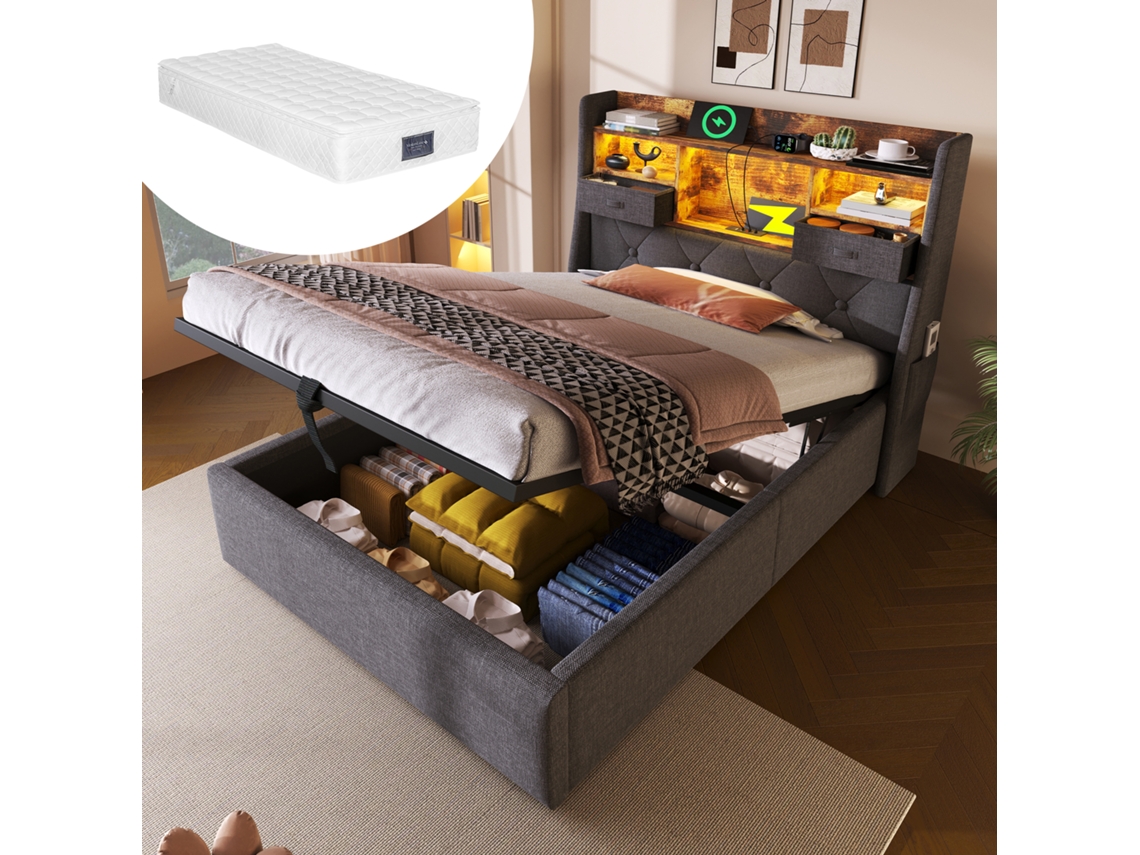 Cama Solteiro 90x200 Cm Armazenamento Hidráulico Led Usb/type-c Colchão