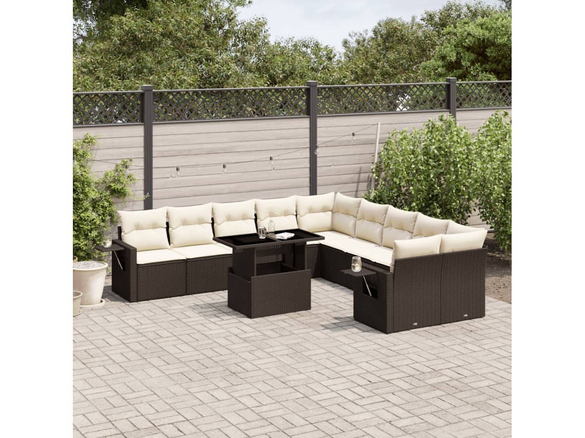 Vidaxl 11 Pcs Conjunto Sofás De Jardim C/ Almofadões Vime Pe Castanho