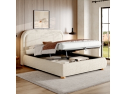 Lit Capitonné 140x190cm: Sommier Ripas, Cabeceira Estofada, Bouclé Beige, Hidráulico, Armazenamento. Cs