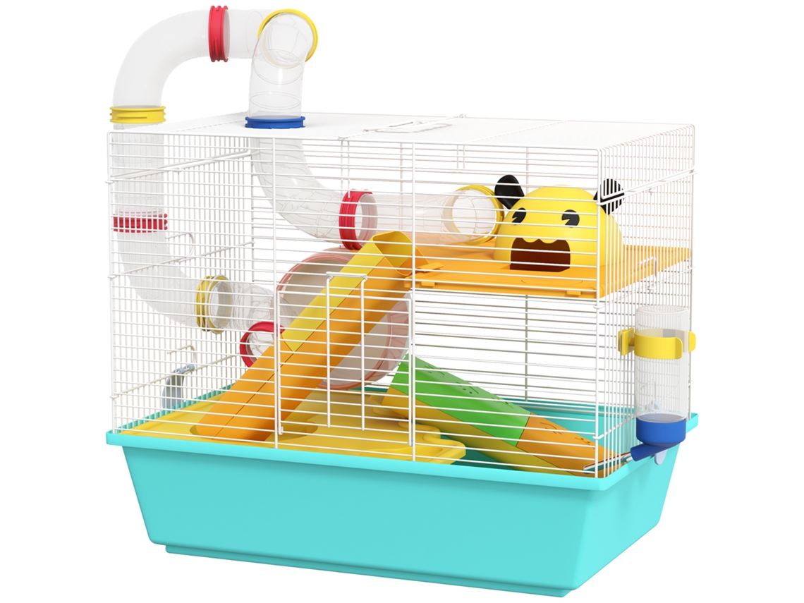 Gaiola Para Hamsters Com Túnel Plataformas Comedouro Bebedouro Casinha Rampas E Roda De Exercício 45x28x37 Cm Azul Claro