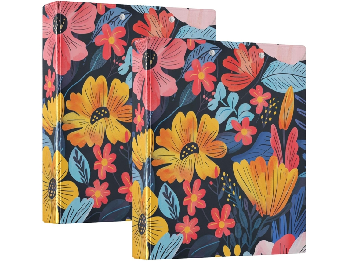 Pasta De Fichário Com Estampa Floral Colorida, 3 Argolas De 1, 5 Polegadas Com Bolsos, Pacote Com 1 2 Unidades, 200 Folhas