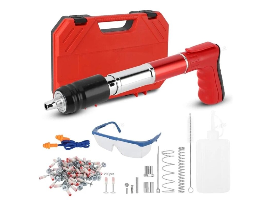 Kit de Pregador Pneumático Manual Ajustável de 5 Velocidades para Concreto com 200 Pregos, Ferramenta Portátil para Fixação em Paredes. AQUAFORGE