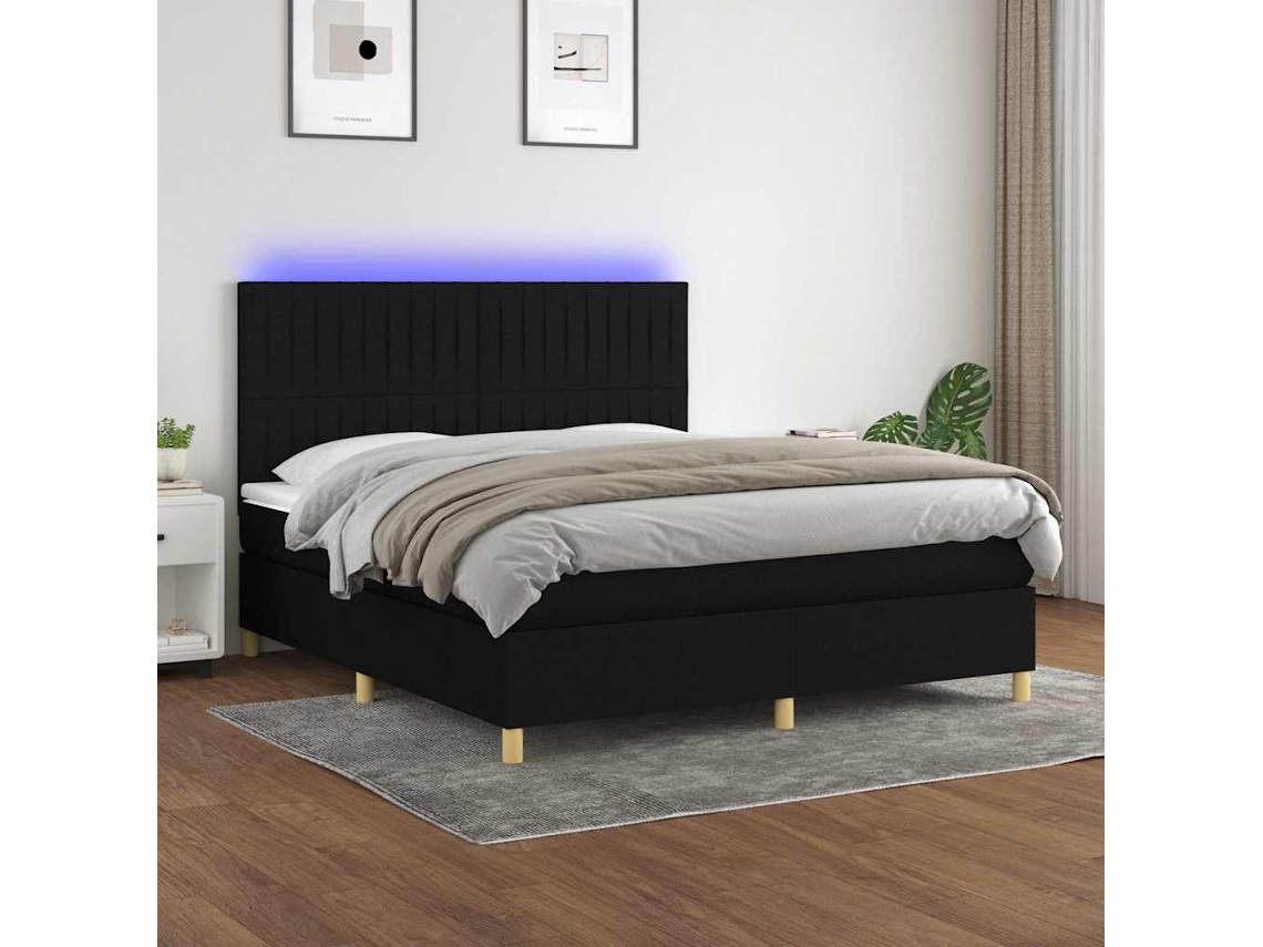Vidaxl Cama Box Spring C/ Colchão E Led 180x200 Cm Tecido Preto