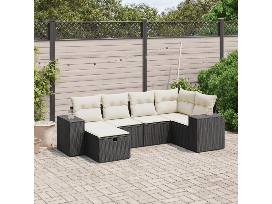 Vidaxl 6 Pcs Conjunto Sofás De Jardim C/ Almofadões Vime Pe Preto