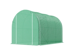 Fogão tipo túnel verde 296x196x200 cm para jardim com 3 portas e 6 janelas, estrutura em aço galvanizado.