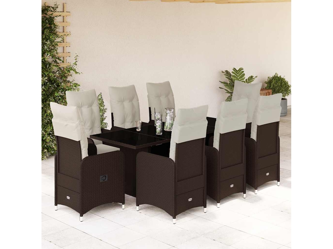 Vidaxl 9 Pcs Conjunto Bistrô De Jardim C/ Almofadões Vime Pe Castanho