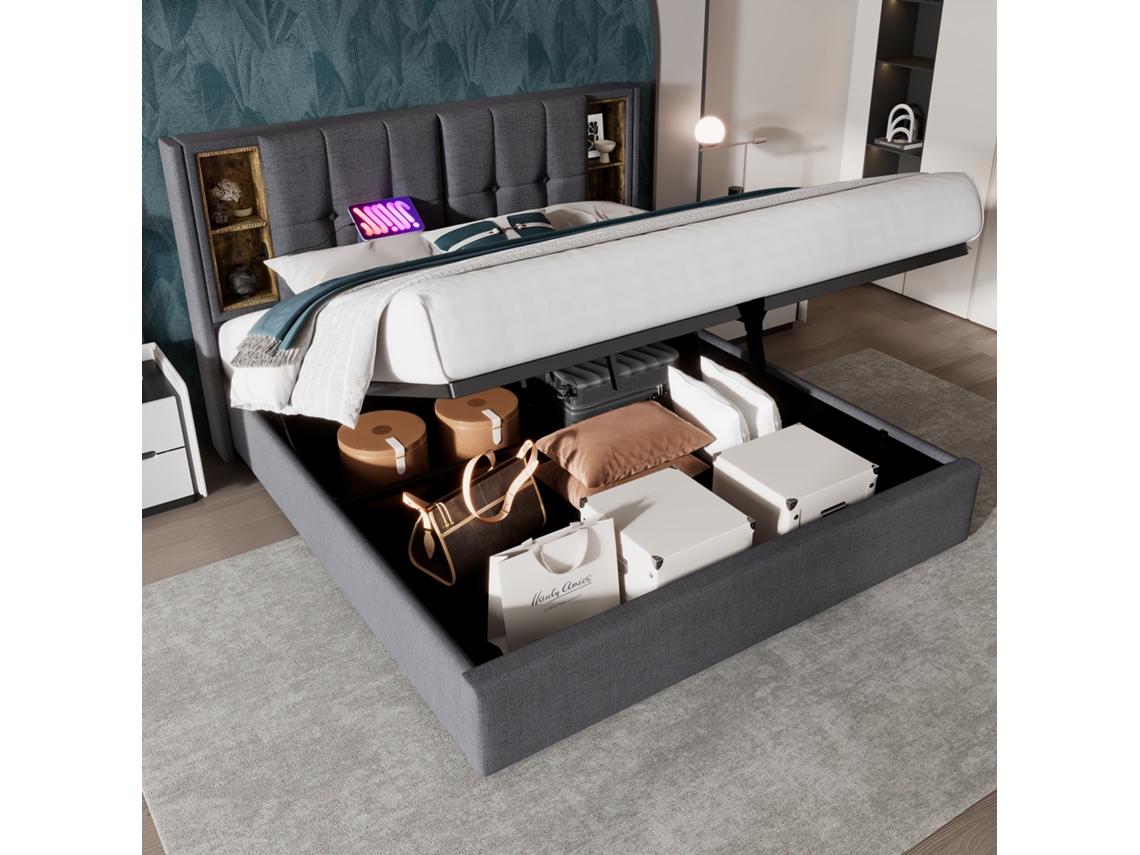 Cama Casal Cinza 180x200 Cm, Usb-c, Wireless, Baú, Estrado Ripas