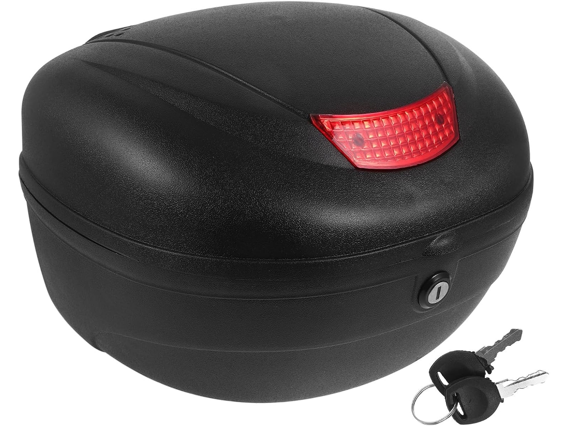 Baú traseiro para motocicleta em plástico marrom, fácil instalação e design refletivo.