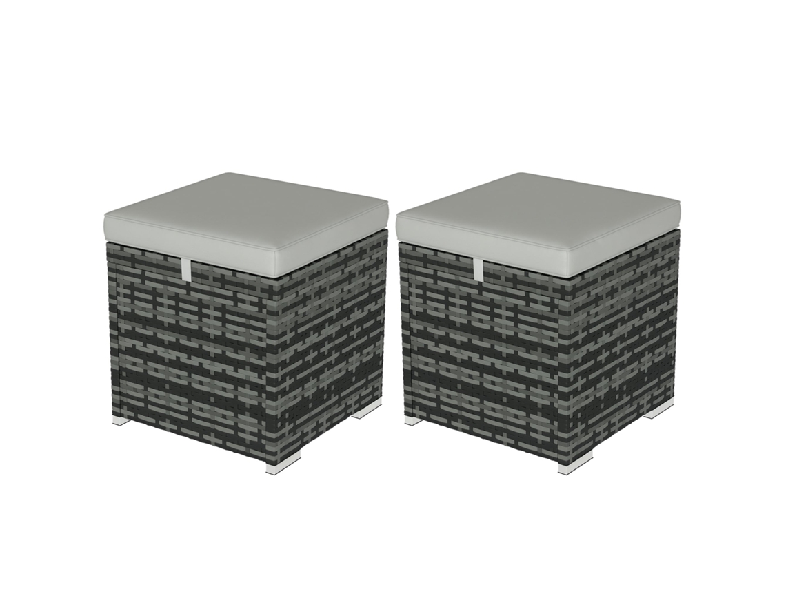 2 banquetas com espaço de armazenamento em rotim, apoio para pés de jardim com almofada, 40x40x41cm, cinza claro BTFORUS