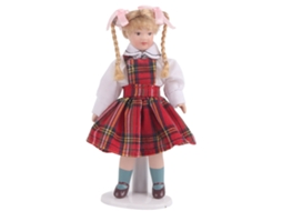 Ats muñeca Porcelana Miniatura 1:12 de Casa de Muñecas Con Vestido Vermelho e Trança Longa Modelo de Brinquedo