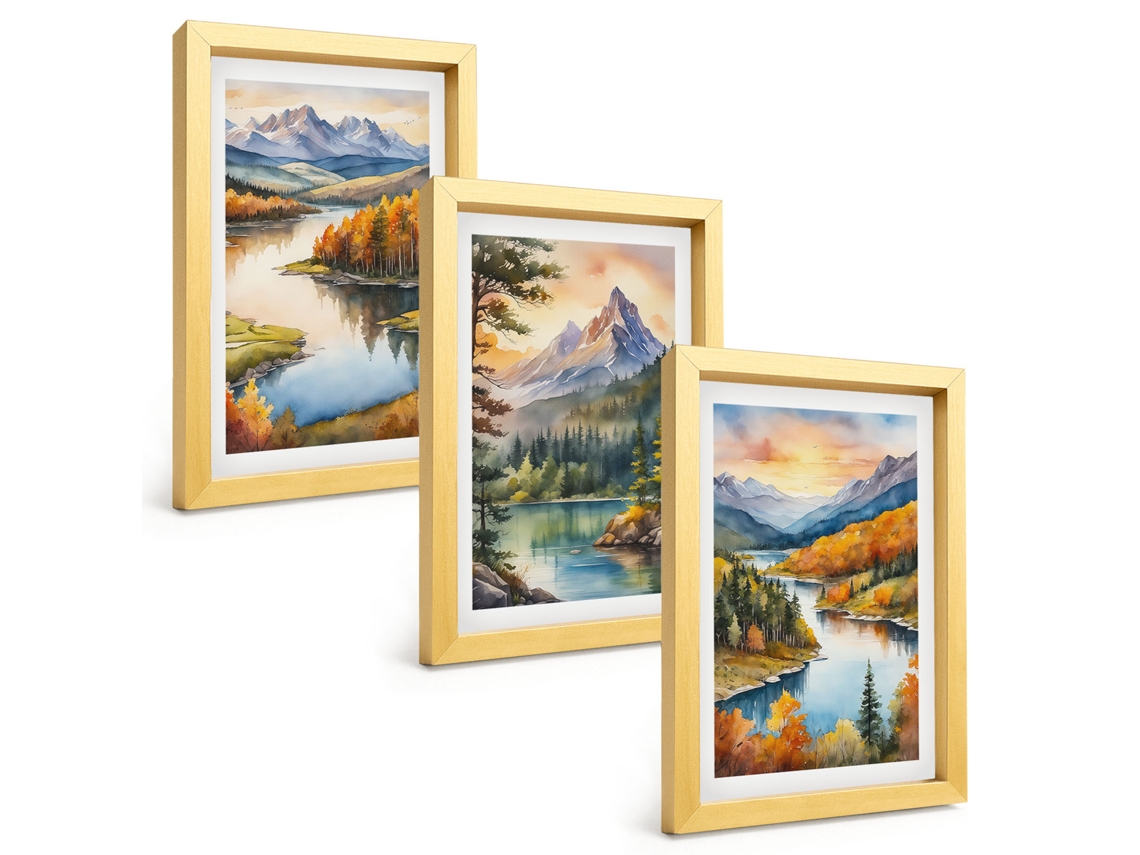 Composição De Quadros Paisagens De Montanha Com Rio Espelharte (3 Peças 20x30 Cm)