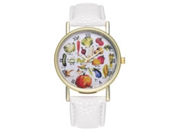 Relógio de quartzo unissex com pulseira de couro PU, mostrador com estampa de frutas, casual e moderno (branco)