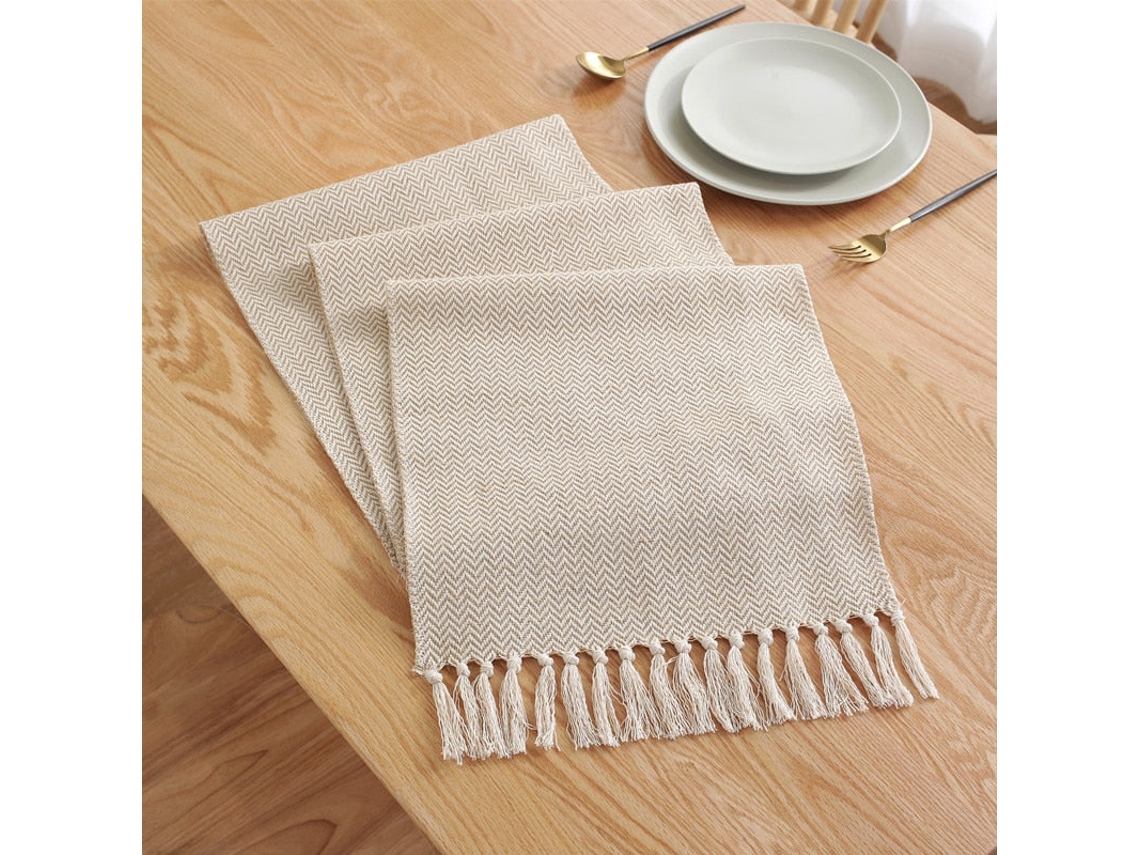 Toalha De Mesa Moderna, Estilo Nórdico Simples, Bege, Feita À Mão, Com Borlas, Toalha De Mesa De Algodão E Linho, Decoração De Mesa 33x200cm