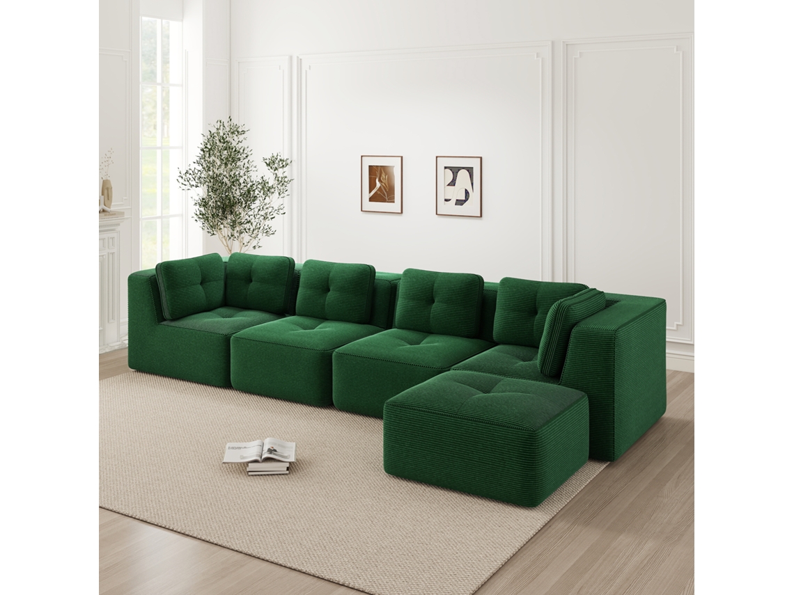 Sofá Modular Verde, 4 Lugares, Assento Profundo, Almofadas Macias, Capa De Veludo Cotelê, Sem Montagem, Antiderrapante.