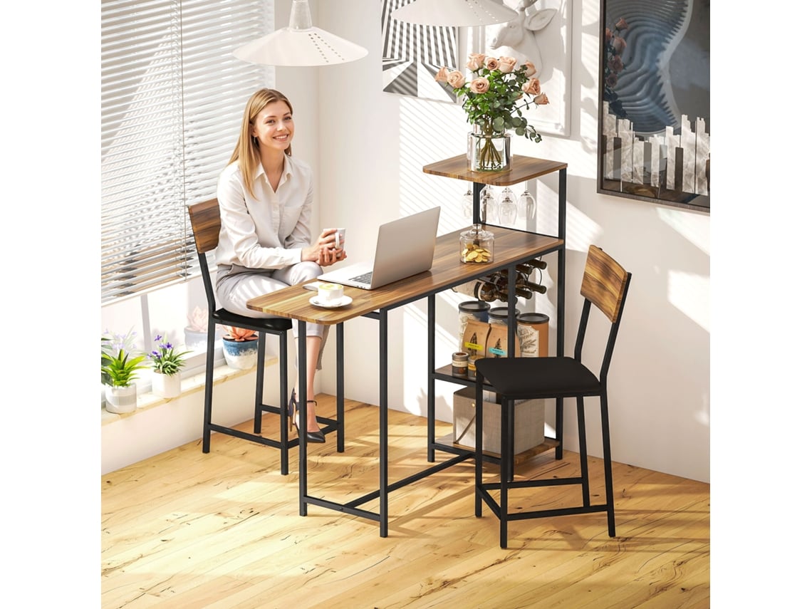 Conjunto De Mesa E 2 Bancos, Com Prateleiras, Castanho E Preto