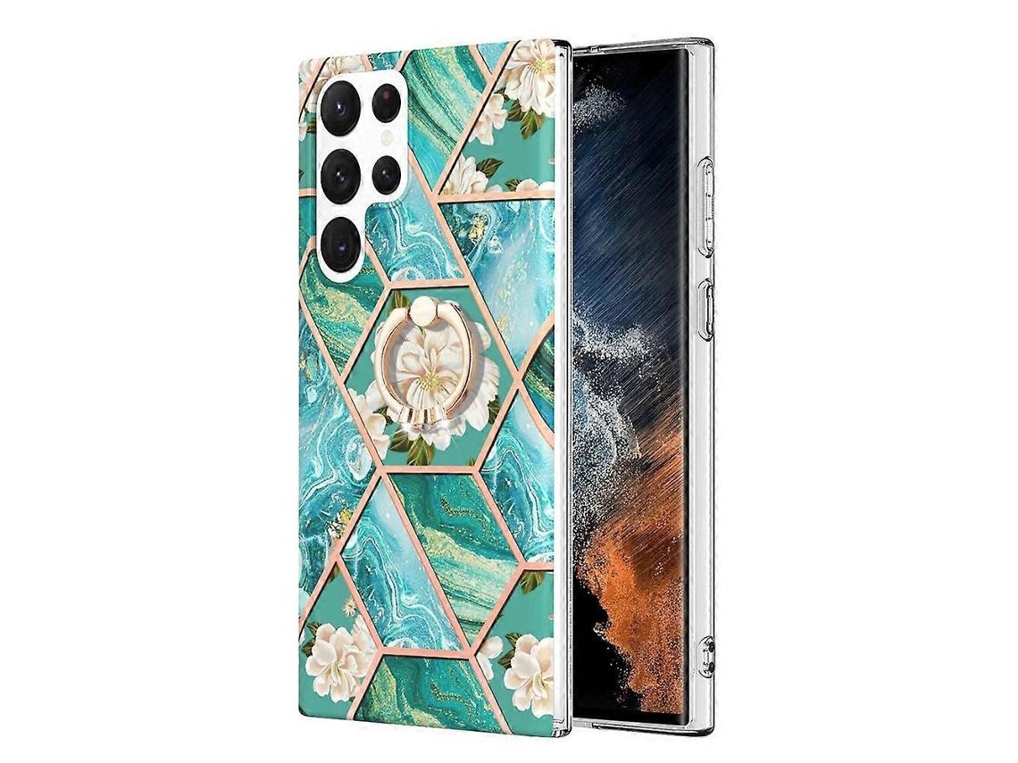 Capa Para Samsung Galaxy S23 Ultra 5g Com Estampa De Mármore E Flores Em Tpu Imd E Suporte De Anel.