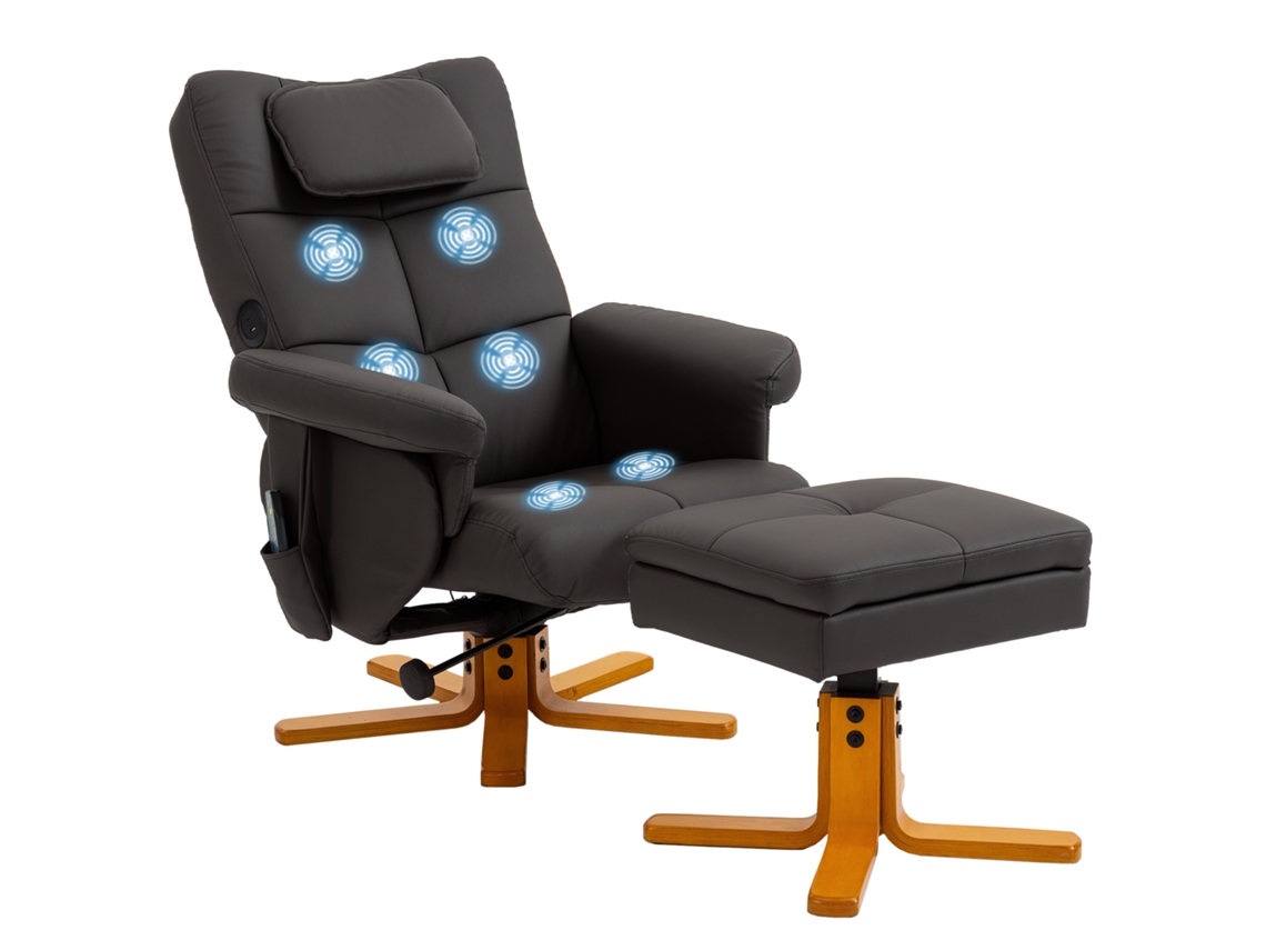 Cadeira de massagem com apoio para os pés, reclinação de até 135°, caixa de armazenamento e controle remoto.