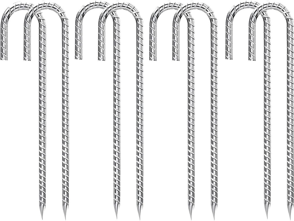 Conjunto de 8 âncoras de solo galvanizadas - Aço galvanizado - Formato J - Para plantas, camping, barracas, trampolins (30