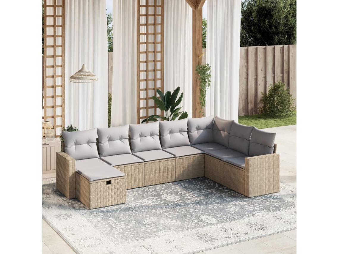 Vidaxl 8 Pcs Conj. Sofás Jardim C/ Almofadões Vime Pe Bege Misturado