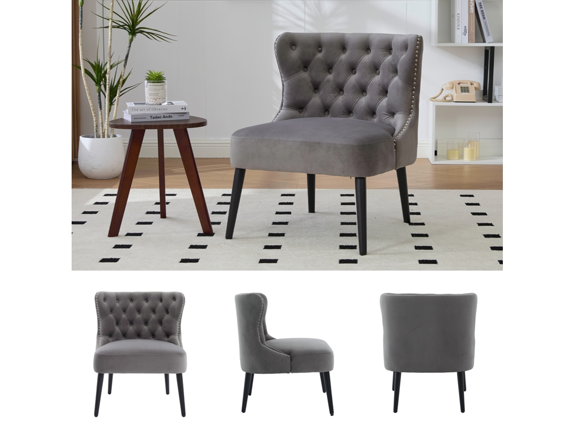 Poltrona individual sem braços com botões e tachas, design moderno Cinza MOBRIO